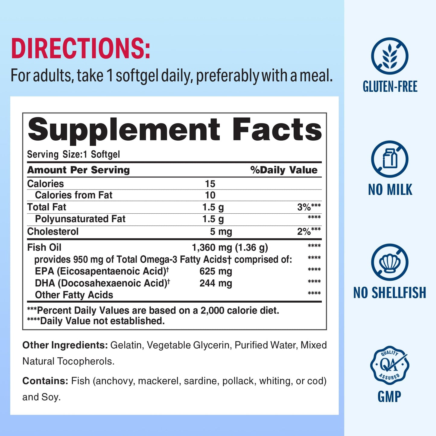 Vitamin World Triple Strength Omega 3 Fish Oil 1360 mg Supplement, 950 mg Active Omega-3 Fatty Acids with EPA & DHA, Supports Heart, Brain & Joint Health, Gluten Free, 180 Softgels, 6 Months Supply