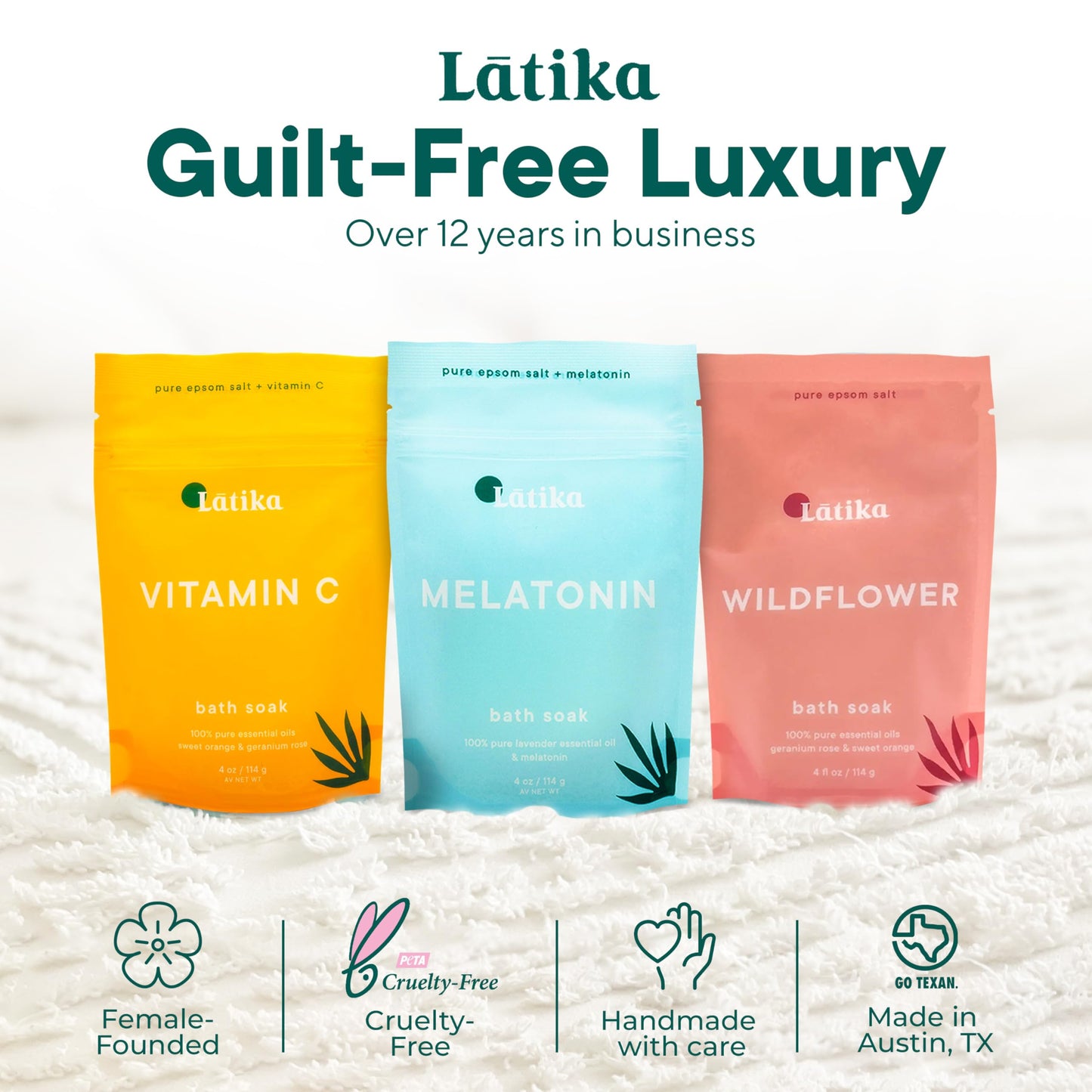 Latika Soaks Set of 3 - Wildflower, Melatonin, Vitamin C - Moisturizing Bath Soak with Epsom Salt & Essential Oils for Stress Relief, Muscle Recovery, & Relaxation - at-Home Spa