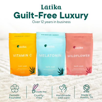 Latika Soaks Set of 3 - Wildflower, Melatonin, Vitamin C - Moisturizing Bath Soak with Epsom Salt & Essential Oils for Stress Relief, Muscle Recovery, & Relaxation - at-Home Spa