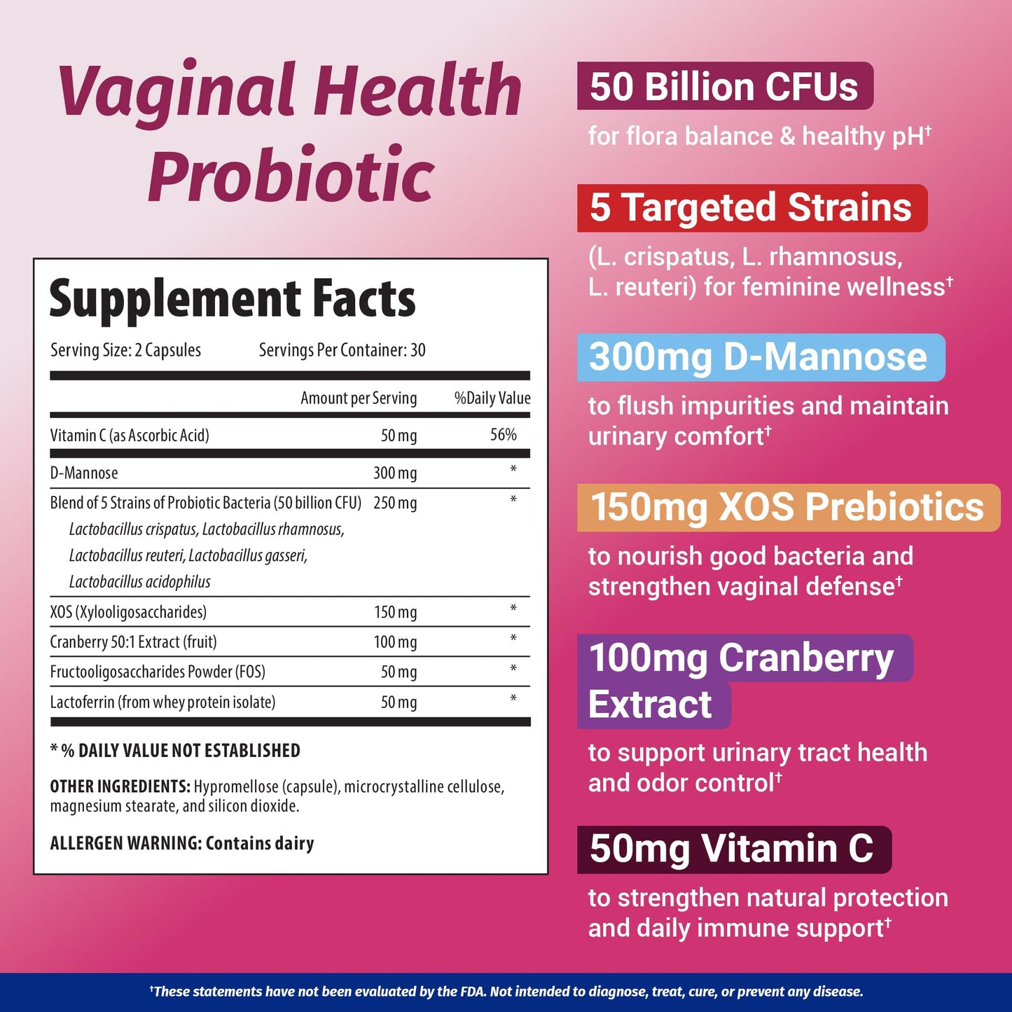 1 Body Cranberry Probiotics for Women, 50 Billion CFU, Cranberry Pills with Prebiotics, D-Mannose & Vitamin C, Vaginal Probiotics for Microbiome Balance, Digestive & Immune Support, 60 Vaginal Pills