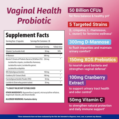 1 Body Cranberry Probiotics for Women, 50 Billion CFU, Cranberry Pills with Prebiotics, D-Mannose & Vitamin C, Vaginal Probiotics for Microbiome Balance, Digestive & Immune Support, 60 Vaginal Pills