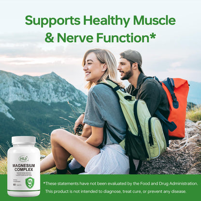 HUJ Magnesium Complex Supplement - Five Types of Magnesium - Supports Energy Production, Muscle Relaxation & Cardiovascular Health* - 60 Tablets.