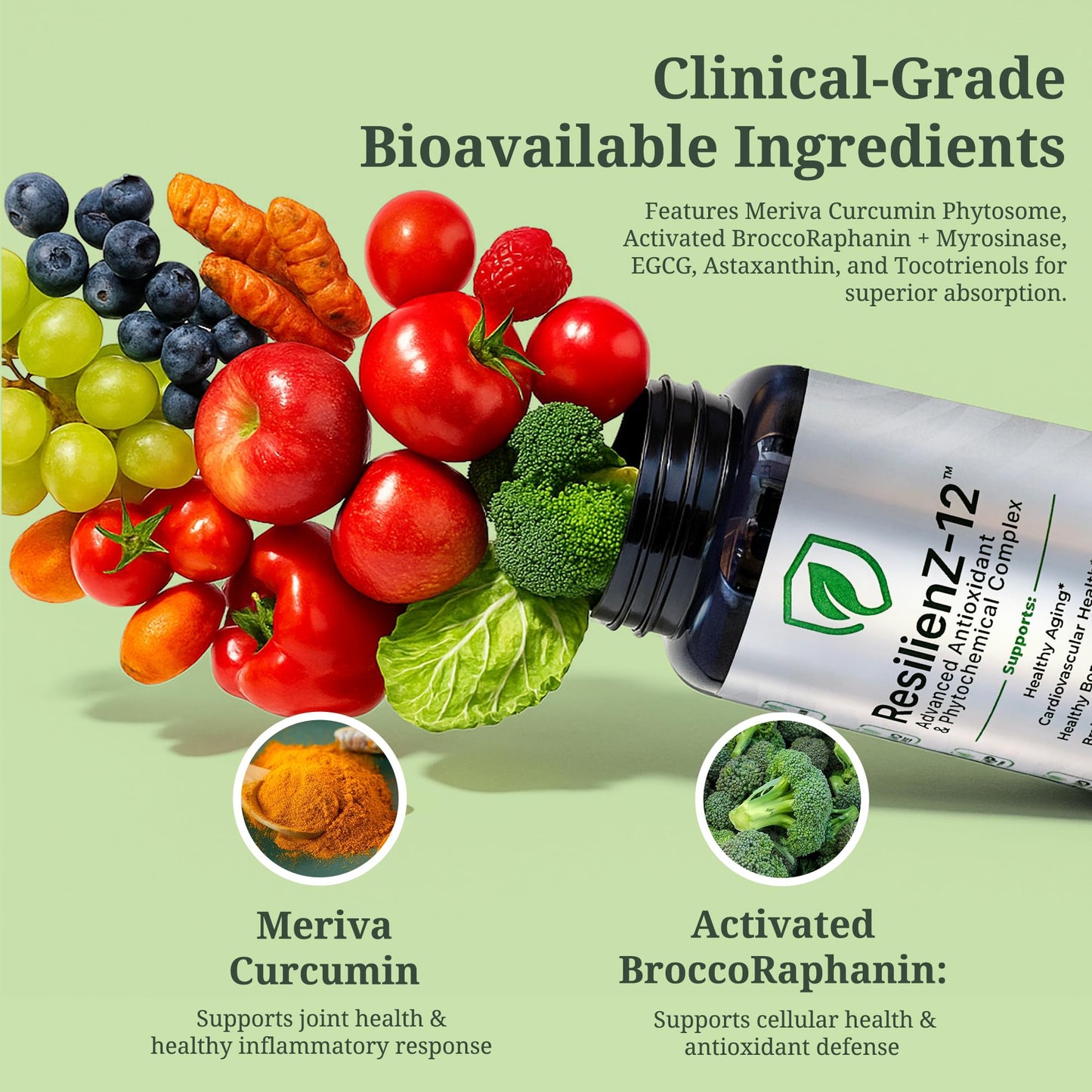 ResilienZ-12 Healthy Aging & Cellular Health – 12-in-1 Longevity Antioxidant Complex w/Meriva Curcumin Phytosome, Sulforaphane, CoQ10, EGCG, Resveratrol, Quercetin, Tocotrienols & Astaxanthin