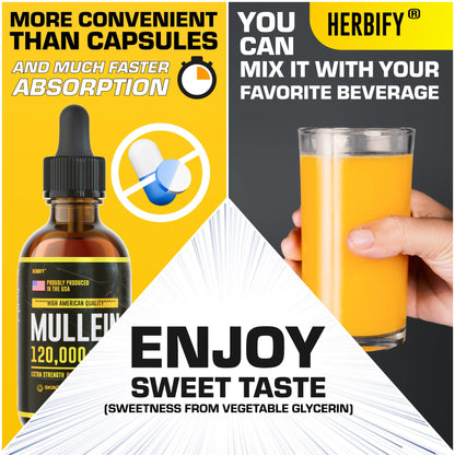 HERBIFY Mullein Drops - Lung Cleanse - Leaf Extract - Powerful Mullein for Immune Support,Detox & Respiratory Support - Made in USA - Herbal Supplements - 4 Oz