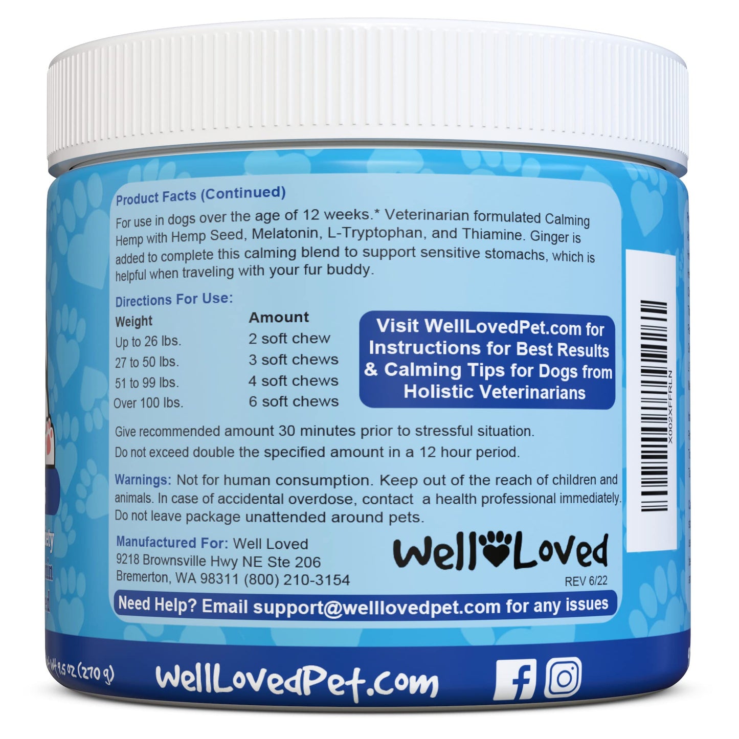 Well Loved Calming Chews for Dogs - Dog Calming Treats, Made in USA, Vet Developed, for Stressful Situations, Separation, Fireworks, Travel, Melatonin, Natural & Holistic, 90 Calming Treats