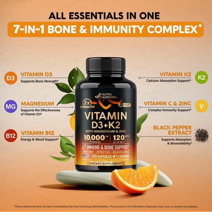 Vitamin D3 K2 - Vitamin D3 10000 iu & K2 as MK-7 120 mcg - Immune & Mood Support, for Bone & Teeth Health - with Magnesium, Zinc & Vitamin C & B12 - Highly Bioavailable - Made in USA, 120 Capsules