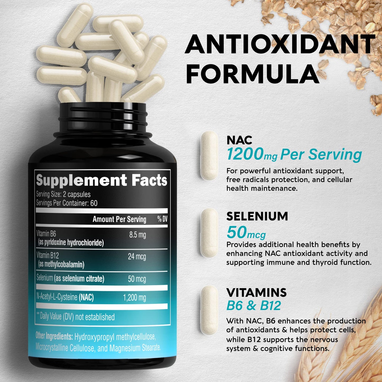 NAC Supplement | Selenium | B6 | B12 - Antioxidant, Immune Support - N Acetyl Cysteine 600 mg per Capsule, 1200 mg per Serving - Made in USA - Non-GMO, Gluten-Free, Vegan - 120 caps, 2 Month Supply
