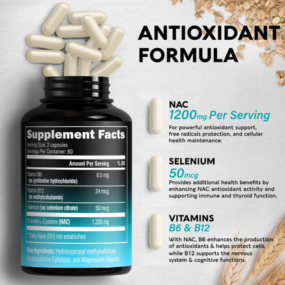 NAC Supplement | Selenium | B6 | B12 - Antioxidant, Immune Support - N Acetyl Cysteine 600 mg per Capsule, 1200 mg per Serving - Made in USA - Non-GMO, Gluten-Free, Vegan - 120 caps, 2 Month Supply