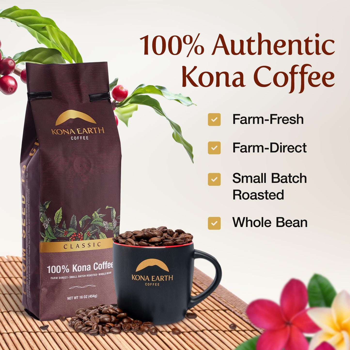 KONA EARTH - Classic, 100% Kona Coffee Beans, Classic Dark Roast Whole Bean Coffee, Micro-Batch-Roasted, 1 lb., Pack of 1