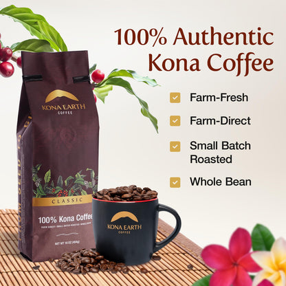KONA EARTH - Classic, 100% Kona Coffee Beans, Classic Dark Roast Whole Bean Coffee, Micro-Batch-Roasted, 1 lb., Pack of 1