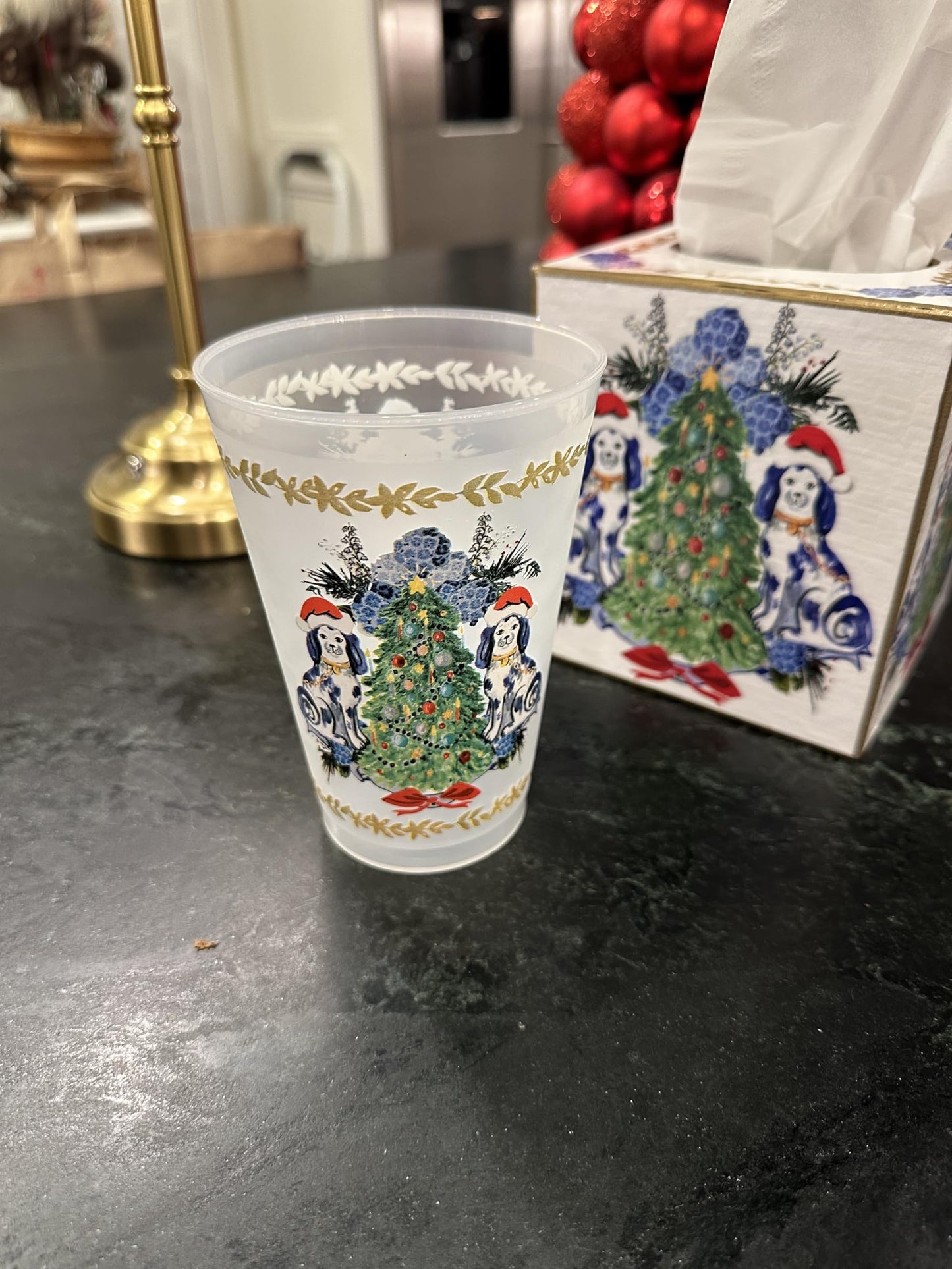 Marye-Kelley Staffordshire Dogs with Santa Hats and Christmas Tree Shatterproof 20 Oz Frosted Cups - Set of 6 Cups - BPA Free - Made in the USA Dishwasher Safe
