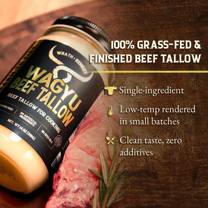 Wagyu Beef Tallow for Cooking (14 oz) — US-Made, 100% Pure Wagyu Tallow, Rich Umami Flavor — Premium Beef Tallow for Frying, Searing, Baking(S.P ~400°F) — Keto, Paleo, Carnivore Friendly– No Additives