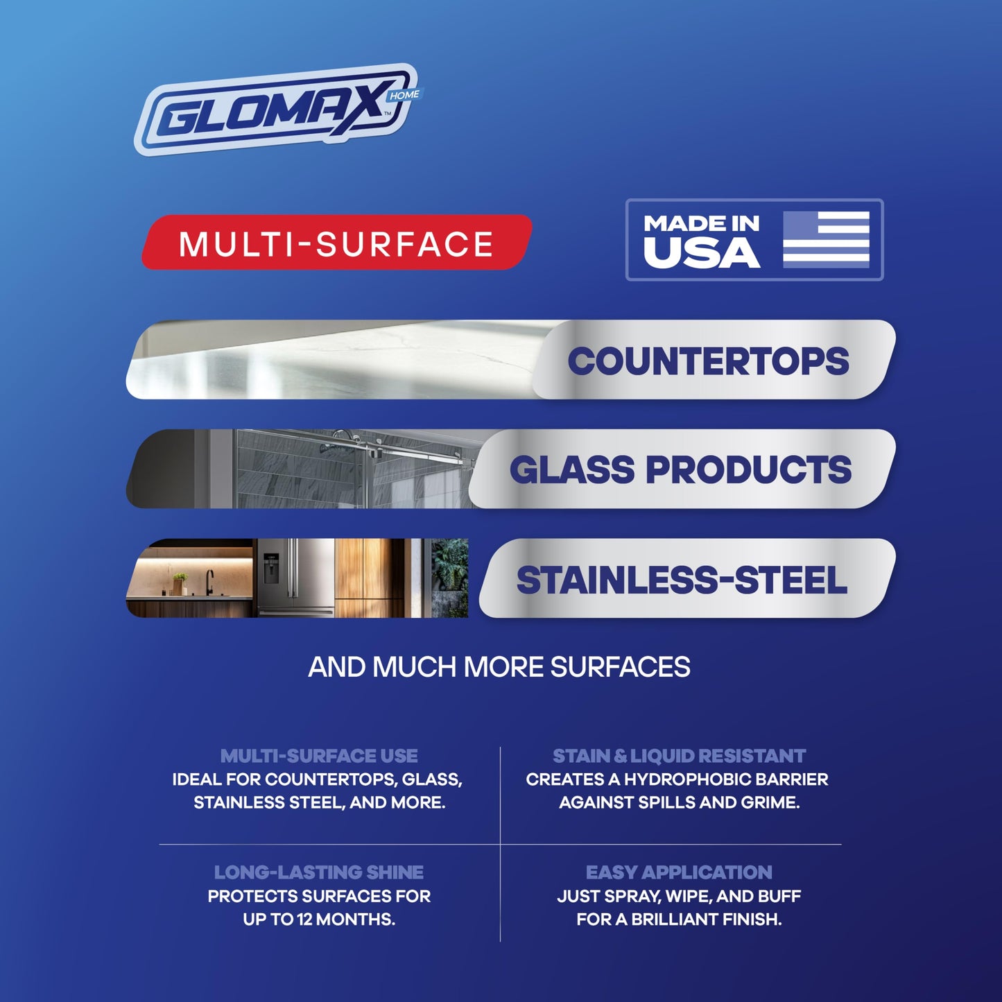 GLOMAX Home Ceramic Coating Spray Kit (16 oz) - Shine, Seal & Protect Stainless Steal, Glass, Kitchen & Bath Surfaces - Extremely Hydrophobic - Repels Stains & Grime - Includes 2 Micro Fiber Towels