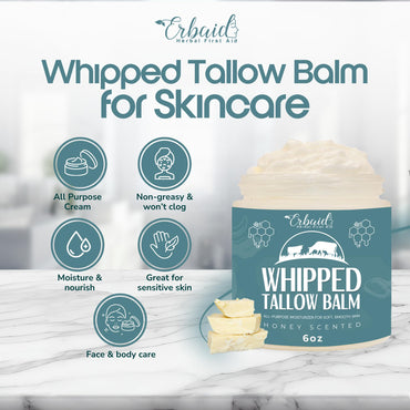 Beef Tallow Balm – Natural Grass Fed Whipped Tallow and Honey All Purpose Balm – Moisturizing Face and Body Lotion for Eczema, Cracked, Dry, Itchy, Irritated Skin – Skin Repair Skincare Made in USA