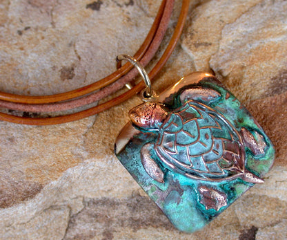 Elaine Coyne Collectible Artwear Verdigris Patina Solid Brass Classic Sea Turtle Pendant on Triple Rawhide by Elaine Coyne -Necklace is USA Made