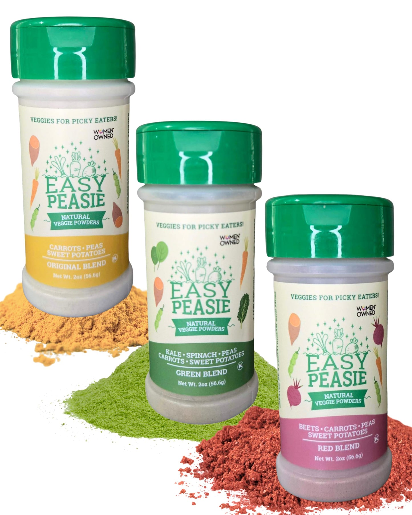 Easy Peasie Natural Veggie Powders for Kids and Picky Eaters | Hidden Vegetable Powder Additive for Meals and Smoothies (3-Pack: Original, Green, and Red - each 2 oz)