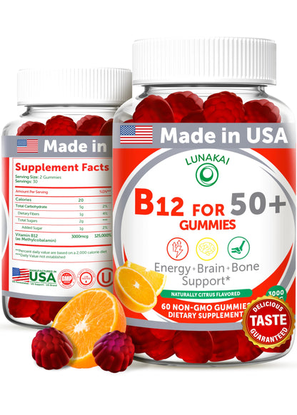 Lunakai USA Made Vitamin B12 Gummies for Adults 50+, Non-GMO B12 for Energy & Vitality Boost, Delicious Orange Flavor, 60ct