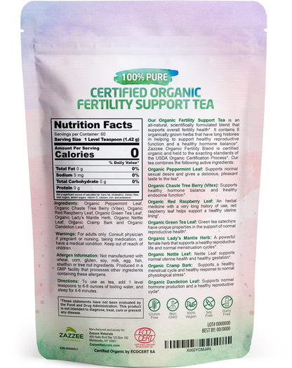 Zazzee USDA Organic Fertility Support Tea, 60 Servings, Pleasant Mint Taste, Balanced Blend of 8 Potent Herbs, 3 Ounces, All-Natural Fertility Support for Women, Non-GMO
