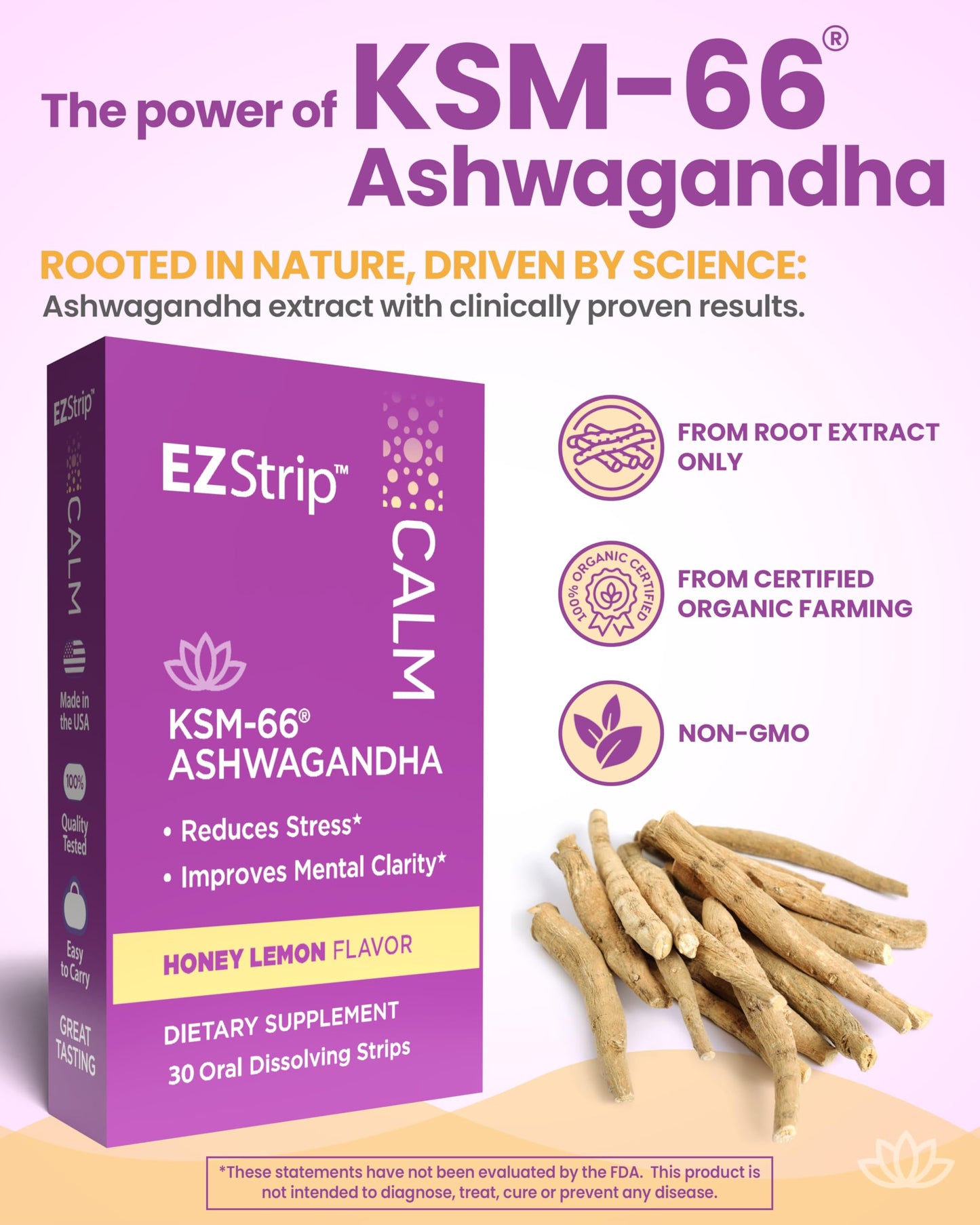 EZStrip Calm Supplement - Honey Lemon Flavor, 30 Count - Dissolving Calming Strips with Ashwagandha KSM 66 Help Support Stress Relief - Made in The USA, Sugar and Gluten-Free