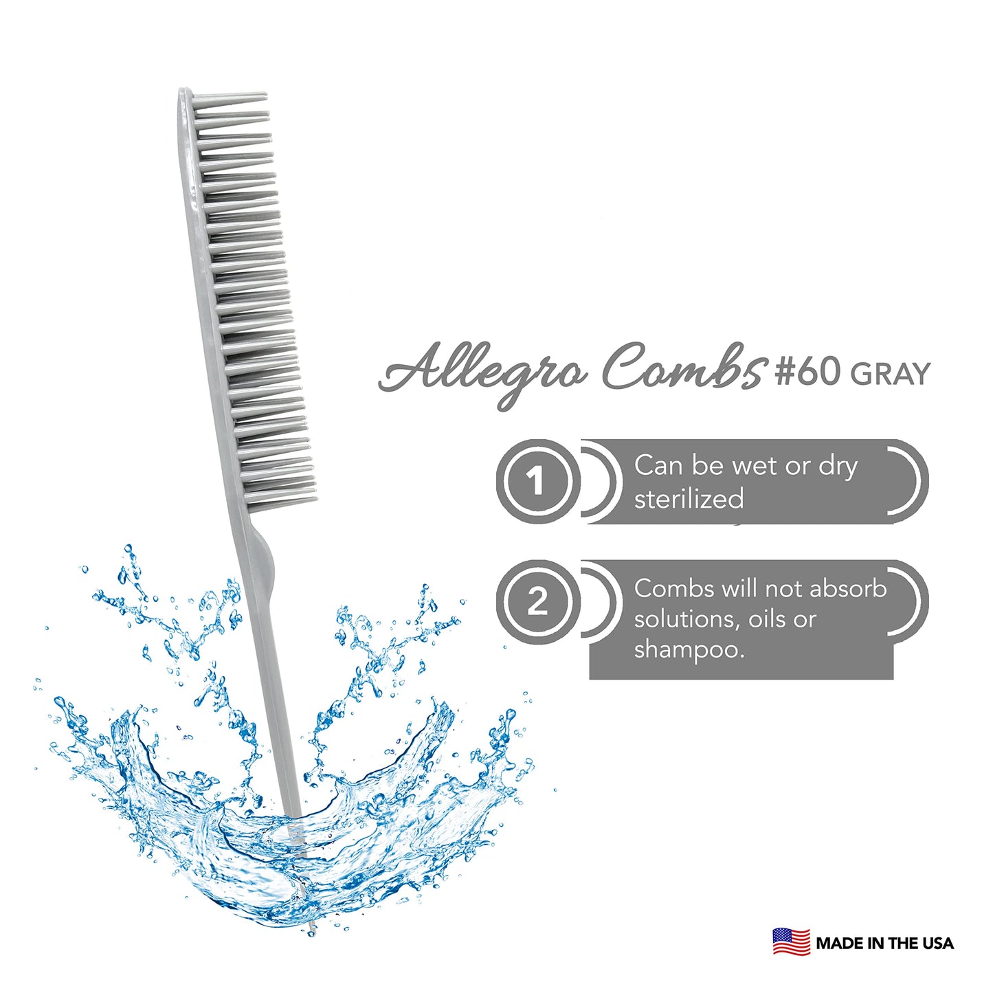 Allegro Combs 60 Parting Three Row Combs Salon Hairstylist Hairdresser Detangle Combs For Natural Hair And Wigs For Curly Hair Made In The Usa 2 Pcs. (Grey)