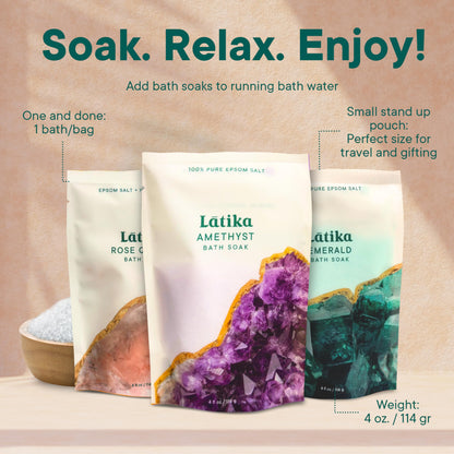 Latika Geode-Inspired Bath Soak Set of 3 - Amethyst, Rose Quartz & Emerald with Essential Oils & Epsom Salt - Sandalwood, Lavender, Sage & Eucalyptus for Stress Relief, Muscle Recovery & Skin Care