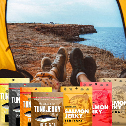 Kaimana Jerky Ahi Tuna & Salmon Sampler Pack - All Natural & Wild Caught Fish Jerky. Made in USA. 23g Protein, Omega-3's and Low Sugar