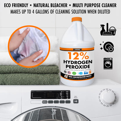 Chromex Hydrogen Peroxide 12 Percent Food Grade, 4x Power Concentrated Solution, 2 Gallons Dilute to 8 Gallons, Versatile Uses include Topical Care, Home, Kitchen, Bath Cleaner, Laundry, Whitening