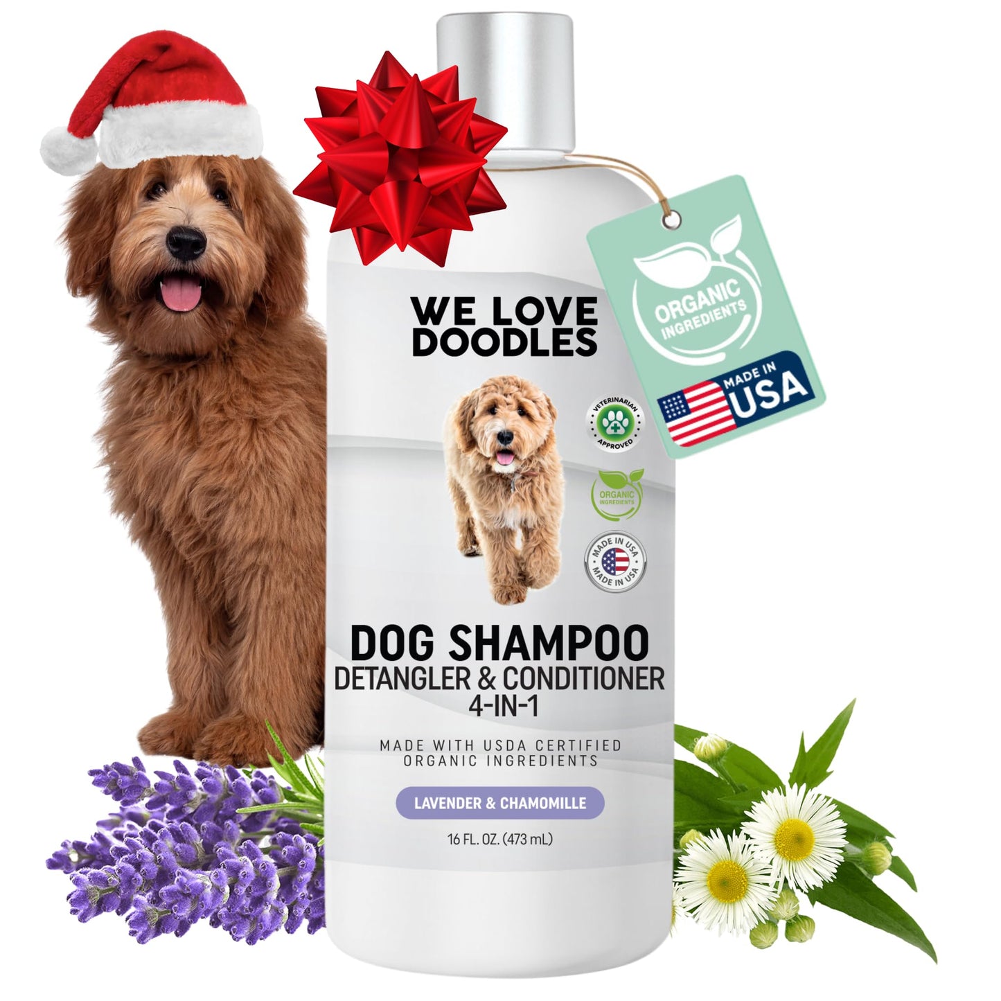 USDA Organic Dog Shampoo, Conditioner & Detangler - Best Shampoo for Goldendoodles, Poodles & Doodles - for Matted Pet Hair - Sensitive Skin Shampoo for Puppies - Made in The USA, 16OZ (Lavender)