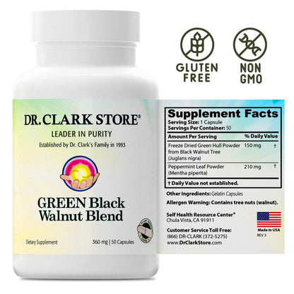 Dr Clark Green Black Walnut Blend - Freeze Dried Hull Dietary Supplement, Extra Strength Formula from All Natural Walnuts, Supports Healthy Intestinal Environment, 360mg, 50 Gelatin Capsules
