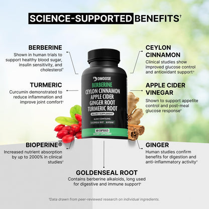Berberine HCL 1400mg with Ceylon Cinnamon to Support Digestion & Metabolism - 7 in 1 Berberine Supplement, Ceylon Cinnamon, Bioprene, Turmeric, Ginger, Goldenseal & Apple Cider Complex - 60 Capsules