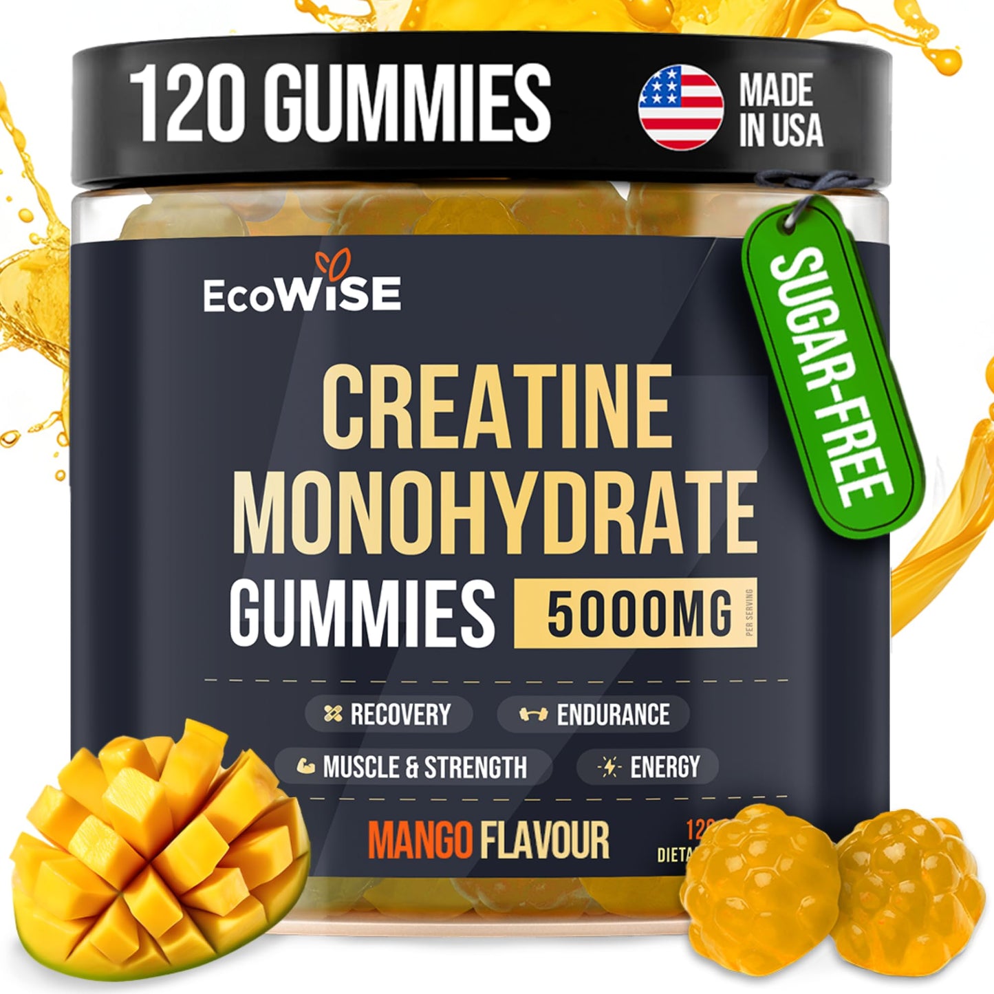 EcoWise Wellness Creatine Monohydrate Gummies 5000 mg, Mango Flavor, 120 Sugar-Free Vegan Chews, Creatine Supplement for Daily Routine