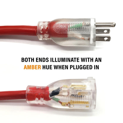 10 ft - 12 Gauge Extension Cord Outdoor - Made in USA - Lighted on Both Ends - Red Outdoor Extension Cord Waterproof by Anthem Cable - Heavy Duty Extension Cord