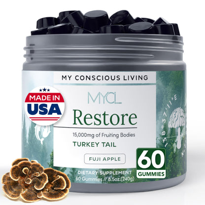 MYCL Restore Turkey Tail Mushroom Gummies for Adults and Kids, 500mg Whole Fruiting Bodies - TurkeyTail Mushroom Supplement - Vegan, Gluten Free - Fuji Apple 60 Count