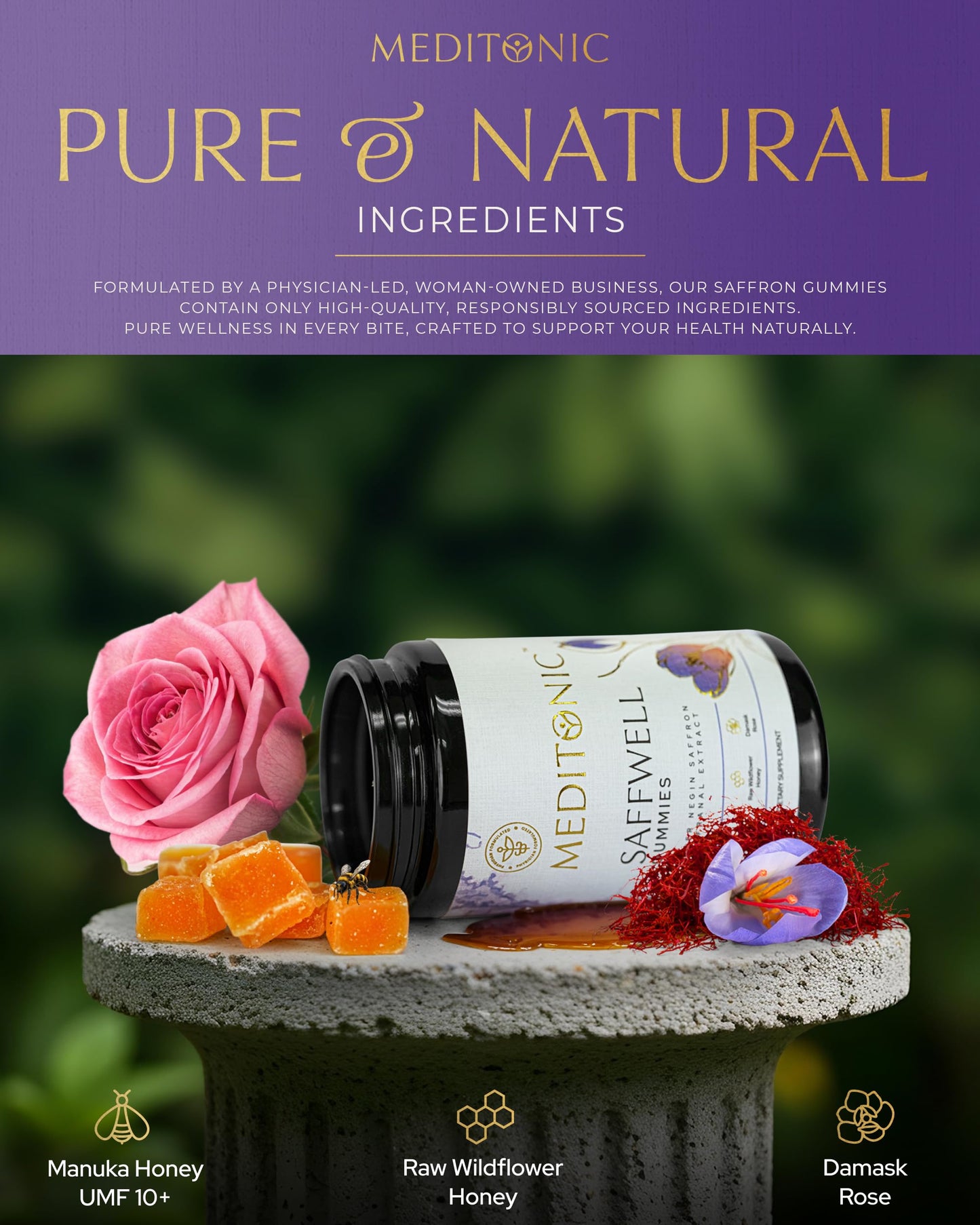 MEDITONIC™ Saffwell Gummies | Super Negin SAFFRON & Safranal | Mood, Vision, Focus Enhancer | 30 Premium U.S Made Gummies | Guranteed Superior American Made Quality