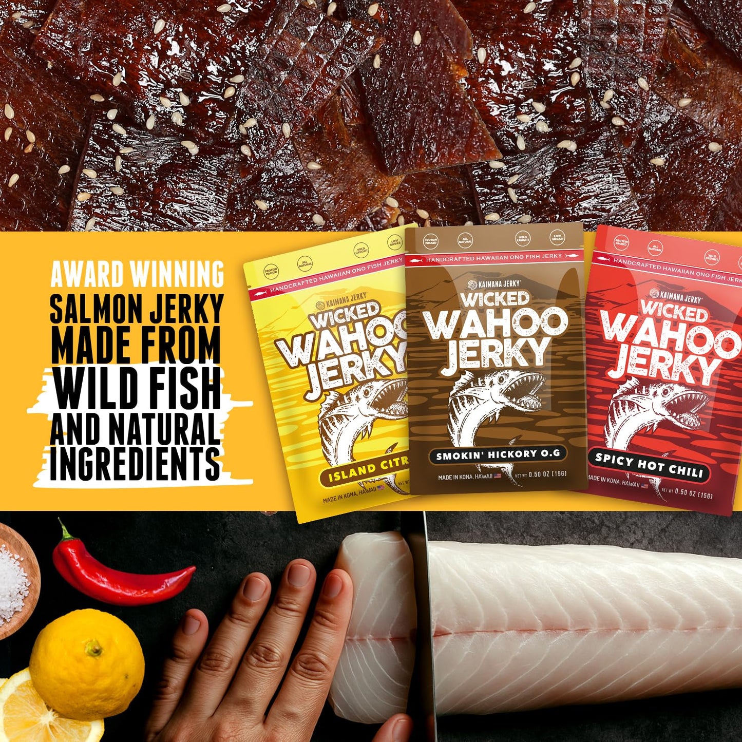 Wahoo Ono Fish Jerky Variety Sampler- Smokin' Hickory O.G, Island Citrus & Spicy Chili - Organic, Gourmet Smoked Fish Strips, Rich in Omega-3 & Protein, Low-Calorie, Low Sodium & Sugar- 3/0.5 oz Variety Pack