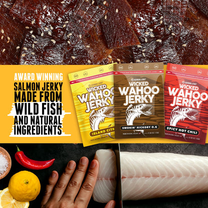 Wahoo Ono Fish Jerky Variety Sampler- Smokin' Hickory O.G, Island Citrus & Spicy Chili - Organic, Gourmet Smoked Fish Strips, Rich in Omega-3 & Protein, Low-Calorie, Low Sodium & Sugar- 3/0.5 oz Variety Pack