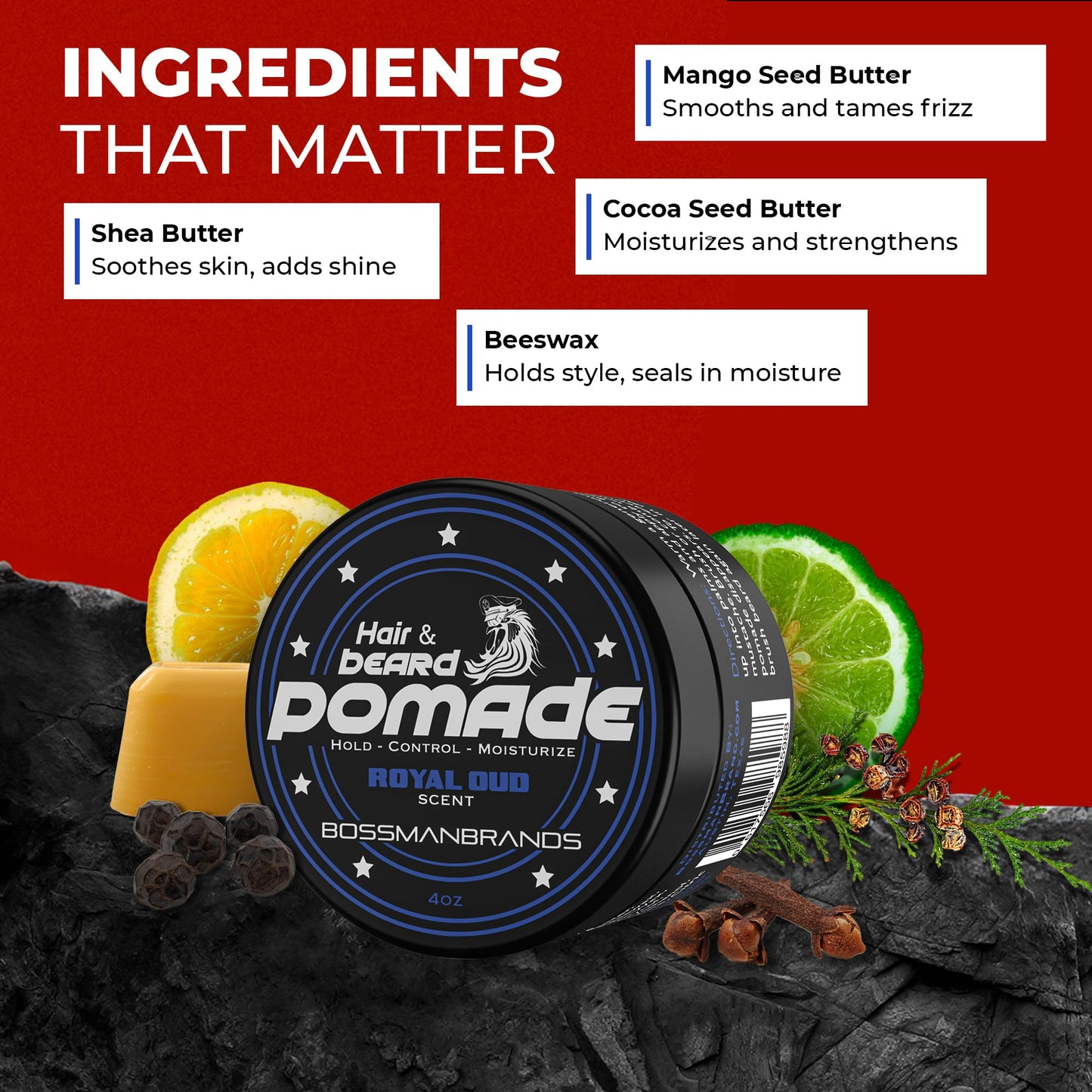 Bossman Hair & Beard Pomade for Men (Royal Oud Scent) – Medium Hold & Moisturizing for Hair, Beard & Mustache Styling – Made in USA