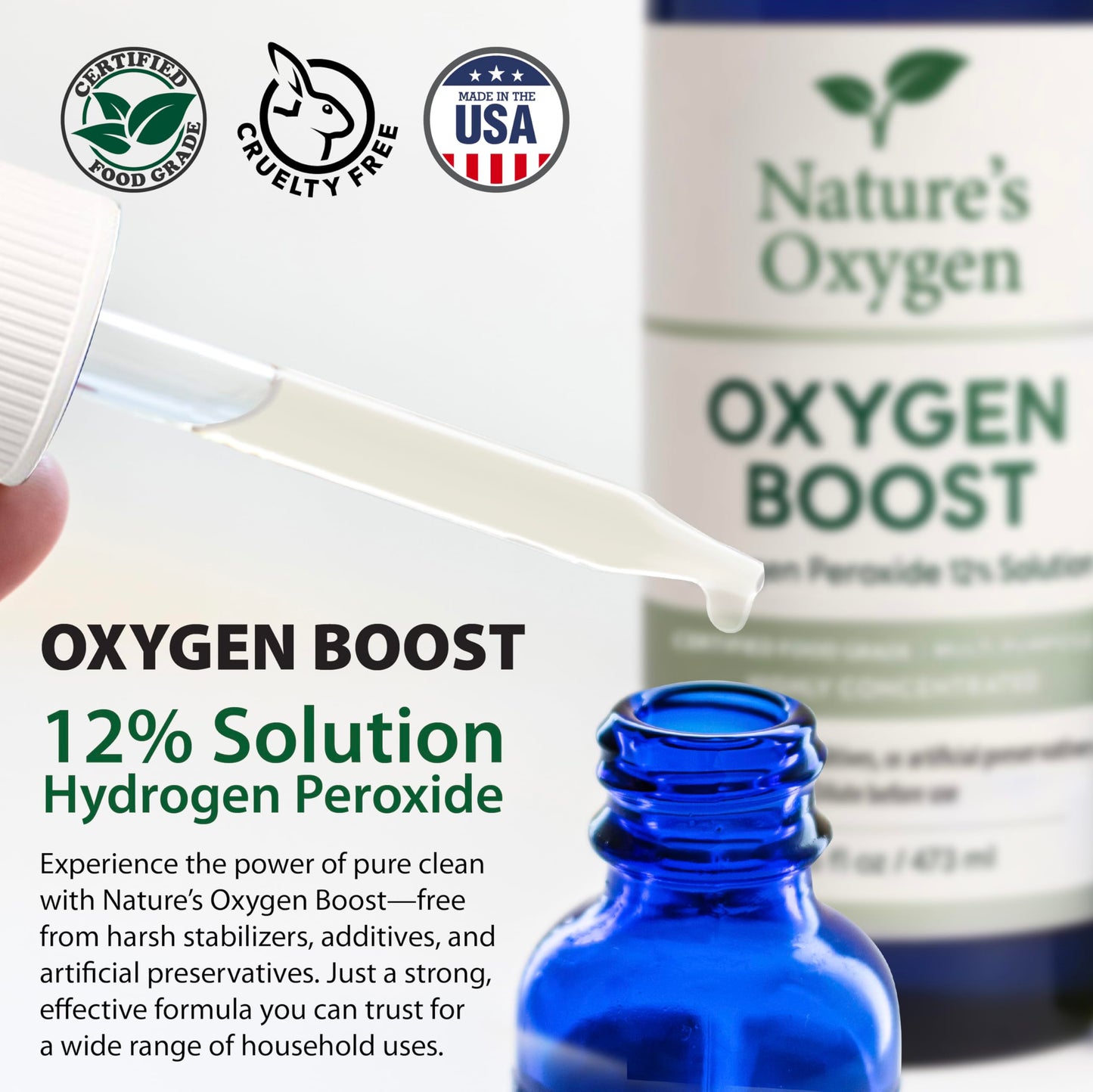 Nature’s Oxygen Food Grade Hydrogen Peroxide 12% Solution, 16 fl oz Pint Bottle with 2 fl oz Dropper and The Oxygen Boost Book, Only H₂O₂ & Water, Made in USA