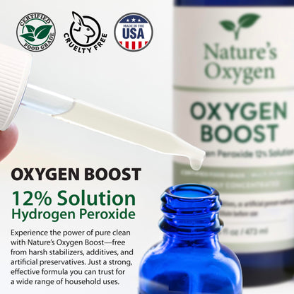 Nature’s Oxygen Food Grade Hydrogen Peroxide 12% Solution, 16 fl oz Pint Bottle with 2 fl oz Dropper and The Oxygen Boost Book, Only H₂O₂ & Water, Made in USA