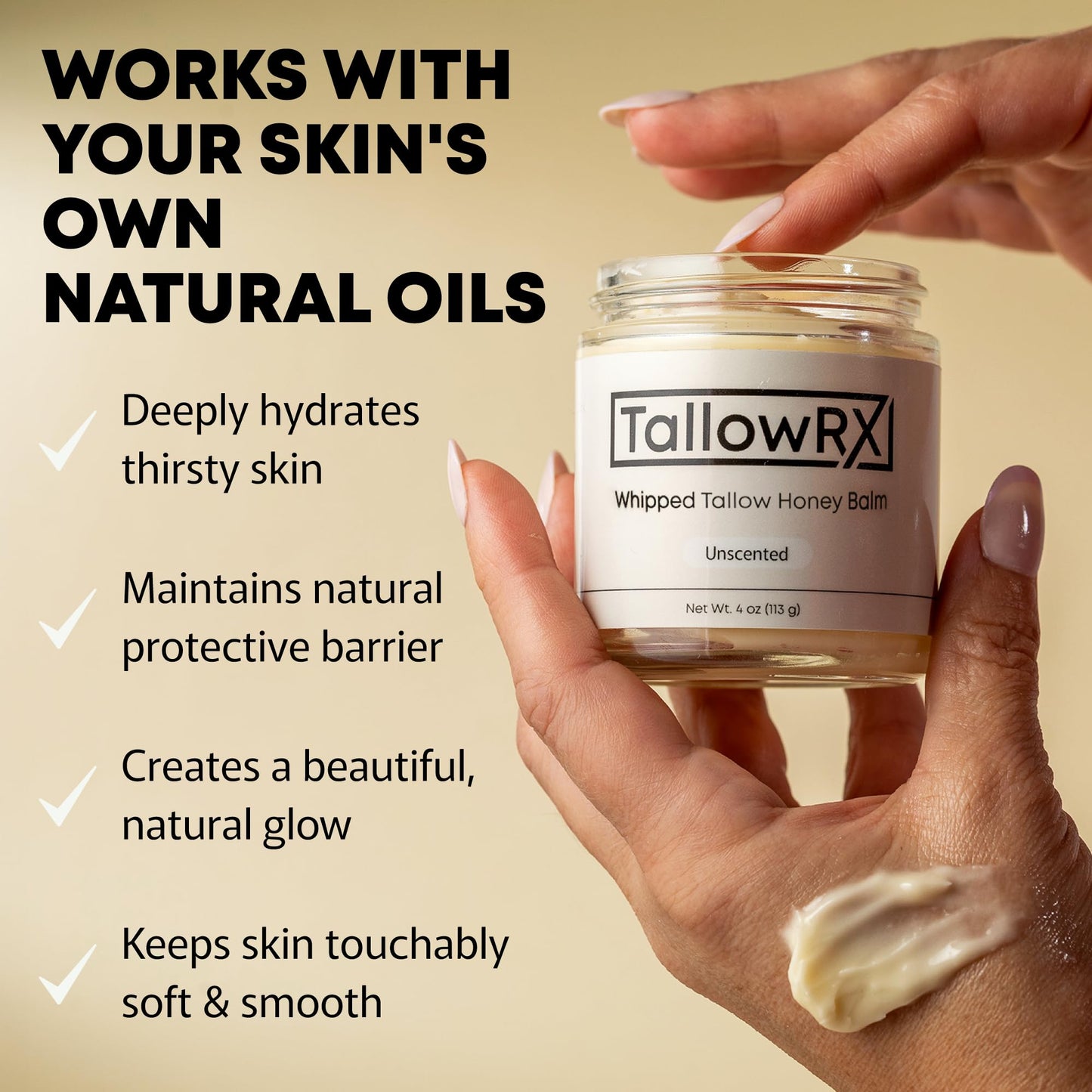 TALLOWRX 100% Grass-Fed Beef Tallow for Skin – Whipped Tallow Honey Balm, Pure & Organic Moisturizer for Face & Body with Manuka Honey, Jojoba & Calendula – Deep Hydration & Soothing (4 oz, Lavender)
