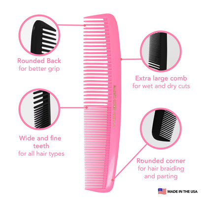 Allegro Combs 1000 X-Large Styling Comb Hair Cutting Barber Stylist Shampoo Combs All Purpose Wide And Fine Tooth Made In The USA 2 Pc. (Light Pink)