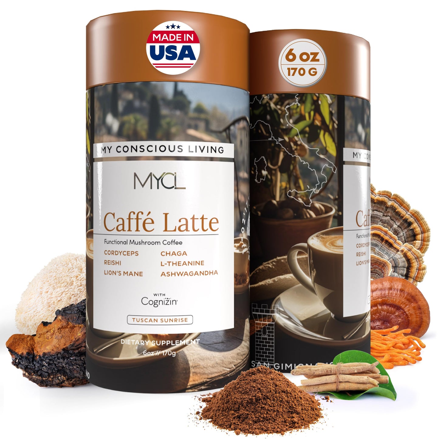 MYCL Cognizin Mocha Latte Mushroom Coffee - 175mg Cognizin Citicoline + 2,100mg Fruiting Body – Reishi, Lion’s Mane, Cordyceps & Chaga - Focus, Memory & Energy - Organic, Vegan - 15 Servings