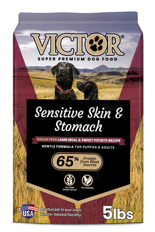 VICTOR Super Premium Dog Food— Sensitive Skin and Stomach— Grain Free Lamb Meal and Sweet Potato Recipe Dry Kibble — Gluten Free, No Chicken, Ideal for Dogs with Allergies — Adult and Puppy Food, 5 lb