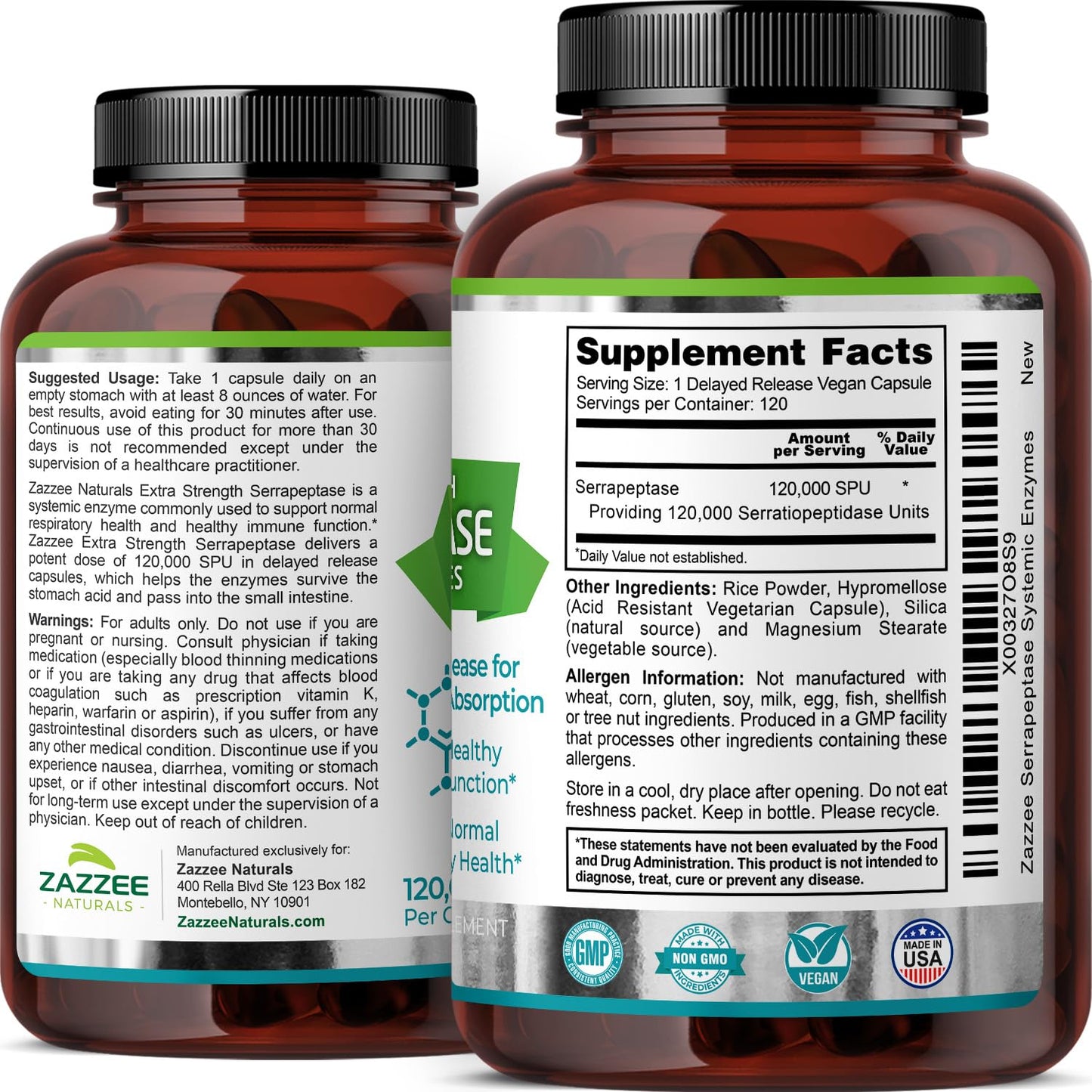 Zazzee Delayed Release Serrapeptase, 120,000 SPU per Capsule, 120 Vegan Capsules, 4 Month Supply, Extra Strength, Potent and Concentrated Systemic Enzymes, 100% Vegetarian, All-Natural and Non-GMO