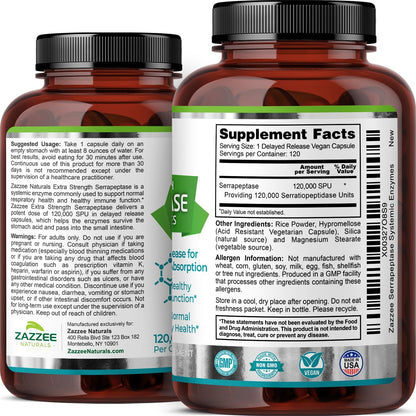 Zazzee Delayed Release Serrapeptase, 120,000 SPU per Capsule, 120 Vegan Capsules, 4 Month Supply, Extra Strength, Potent and Concentrated Systemic Enzymes, 100% Vegetarian, All-Natural and Non-GMO