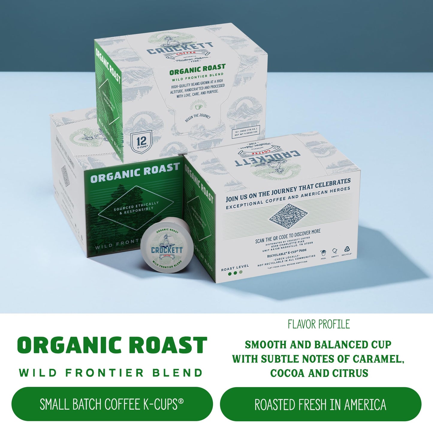 Crockett Organic K Cups Coffee – USDA Organic Medium Roast Coffee Pods with Clean Flavor, Balanced Body & Natural Energy – Single Serve for Smooth Brewing & American-Made Quality