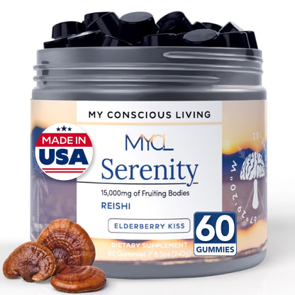 MYCL Serenity Reishi Mushroom Gummies for Adults - 500mg Whole Fruiting Body Extract - Sleep Gummies for Adults and Kids - Vegan, Gluten-Free - Stress Relief, Relaxation - Elderberry Kiss, 60 Count