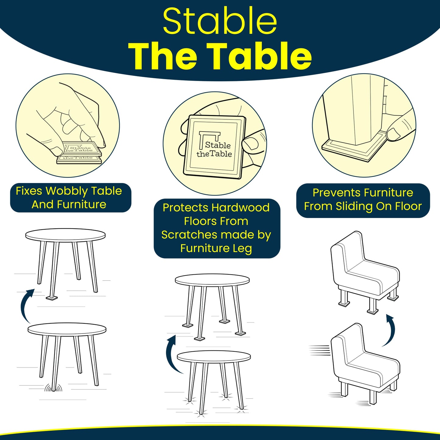 Stable The Table-12 Pack, Grey Square/Furniture Levelers/Furniture Grippers for Hardwood Floors/Floor Protectors for Furniture/Stacking Furniture Pads/Use with Tables, Sofas, Loveseats/Made in USA