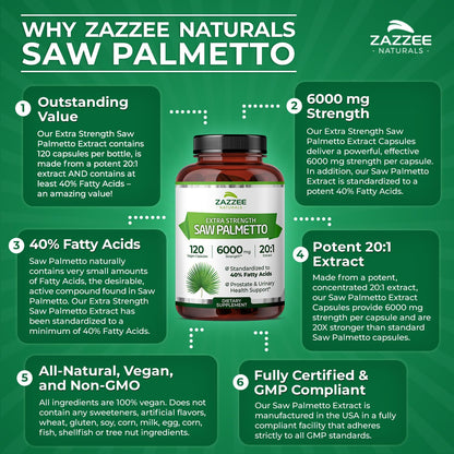 Zazzee Extra Strength Saw Palmetto 20:1 Extract, 6000 mg Strength, 40% Fatty Acids, 120 Vegan Capsules, 4 Month Supply, Concentrated and Standardized 20X Extract, Non-GMO, All-Natural, Made in the USA
