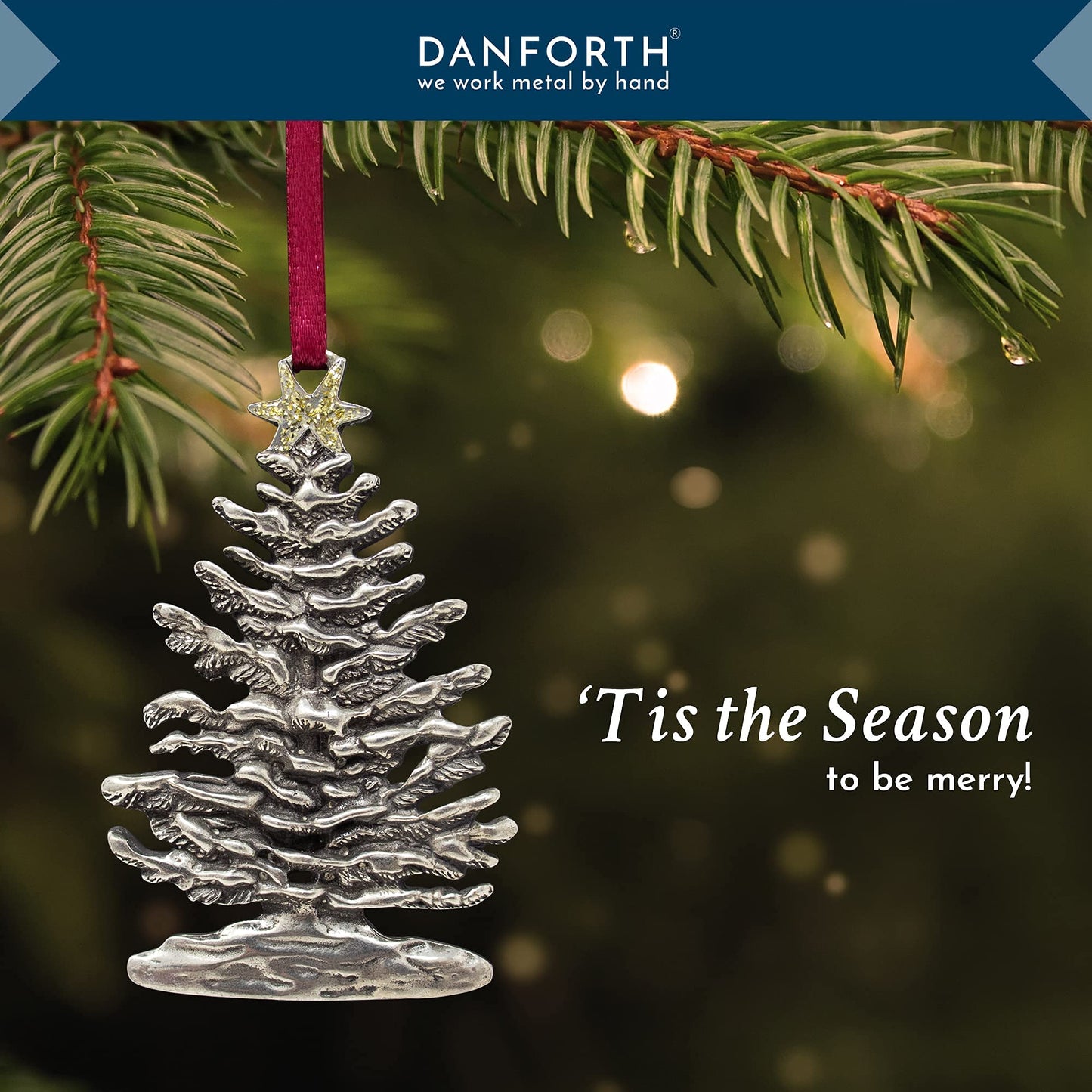 Danforth Snowy Christmas Tree Ornament (Gold Star) – Handcrafted Pewter Christmas Ornament – Satin Ribbon, 2 5/8” by 1 11/16”, Made in USA